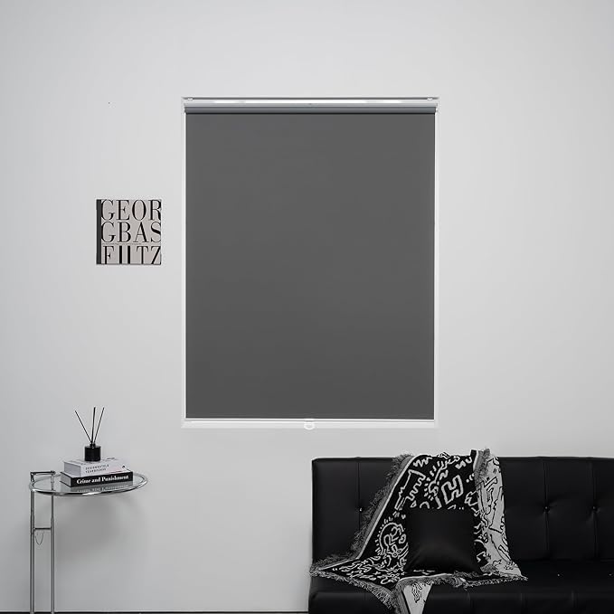 Cordless Roller Shades 100% Blackout Blinds for Windows and Doors, Pull Down Room Darkening Window Shades, Easy to Install for Home and Office, Grey, Fixed 75 Inches High, 59 Inches Width