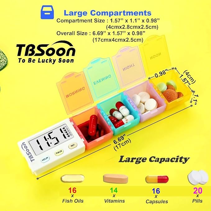 [4 in 1] 1 Day 4 Times Medicine Pill Organizer +5 Alarms + Timer+ Clock, Large Compartments,Loud Sound,Large Screen, Moisture-Proof,Dust-Proof, Travel Daily Pill Box/Organizer/Case/Container/Dispenser
