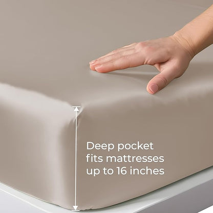 LINENWALAS Fitted Sheet Only Viscose Derived from Bamboo, Bottom Sheet for Queen Size Bed – 16” Deep Pocket, All Around Snug Fit – Cooling, Breathable, Soft, Hypoallergenic (Taupe, Queen)