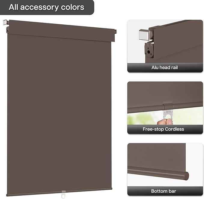 LazBlinds No Drill Blinds for Indoor Windows, Blackout Roller Shades, Cordless Window Blackout Blinds, Thermal Insulated Fabric UV Protection for Home and Office, 47" W x 72" H, Dark Coffee