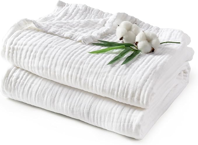 PHF Cooling Muslin King Blanket for Hot Sleepers, 60% Rayon Derived from Bamboo, 40% Cotton for Summer, 4-Layer Breathable Gauze Blanket for Bed Couch, 108"x90", White