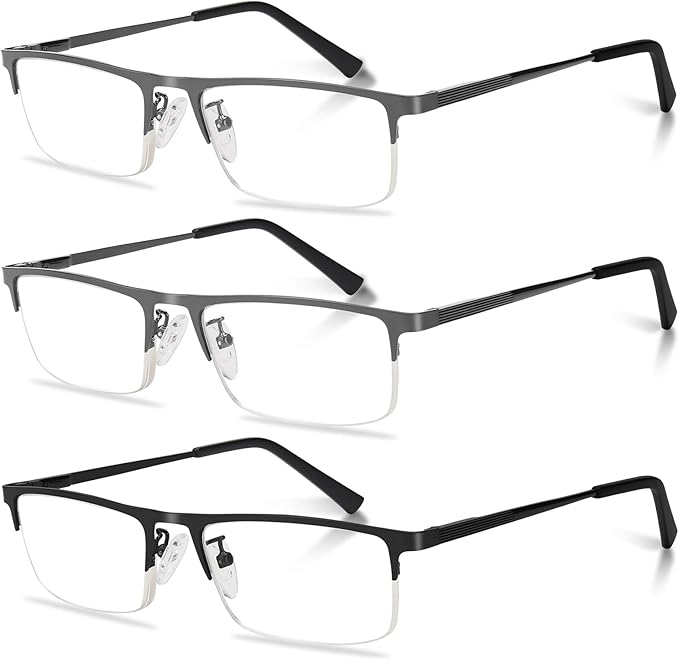 3-Pack Reading Glasses for Men, Lightweight Metal Half Frame Blue Light Blocking Computer Readers