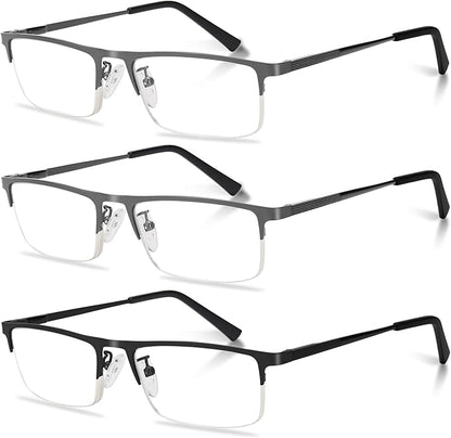 3-Pack Reading Glasses for Men, Lightweight Metal Half Frame Blue Light Blocking Computer Readers