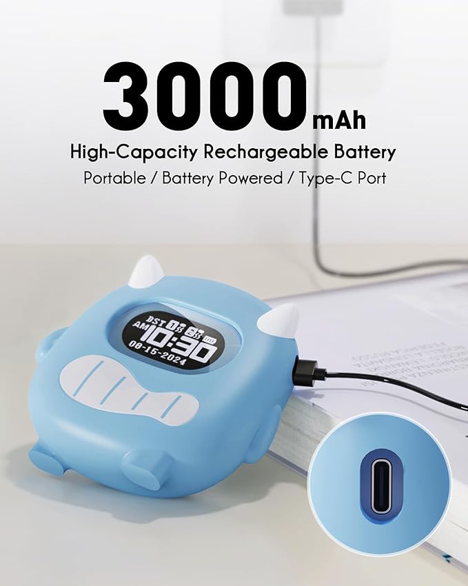 Monster Vibrating Alarm Clock - 3000mAh Rechargeable Battery 120-Day, Strong Vibration for Heavy Sleepers, Cute Emoji Faces, Dual Alarms, Portable Bed Shaker Perfect for Kids, Travel and Dorm Rooms