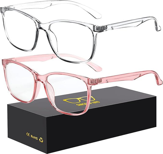 Blue-Light Blocking Glasses Computer Reading/Gaming/TV/Phones Glasses Fashion Anti Eyestrain UV Glasses for Women Men（C1 Transparent + Pink）