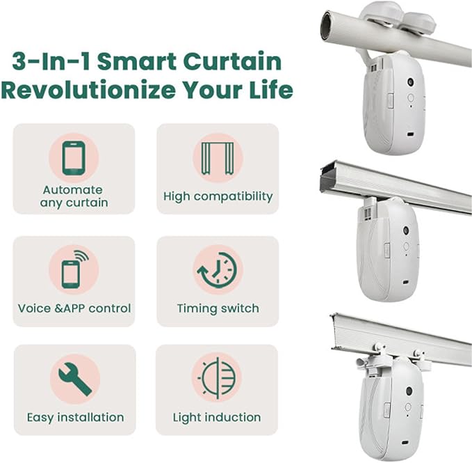 Automatic Curtain Opener, Smart Curtain Motor with Voice Remote Control, 25dB Silent Electric Curtain Robot Single Opening for Roman Rod Tracks