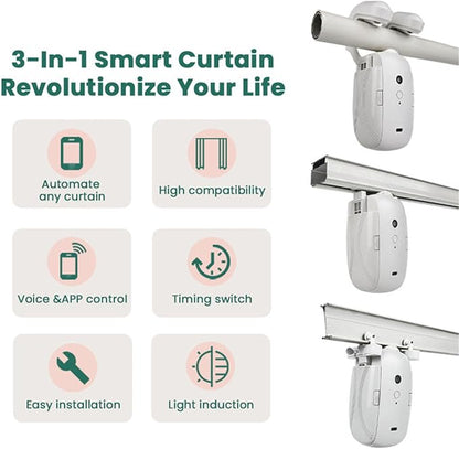 Automatic Curtain Opener, Smart Curtain Motor with Voice Remote Control, 25dB Silent Electric Curtain Robot Single Opening for Roman Rod Tracks