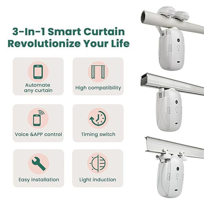 Automatic Curtain Opener and Closer Single - Roman Rod Rail Smart Curtain Opener Robot, Low Noise APP Control Electric Curtain Track for Home Office