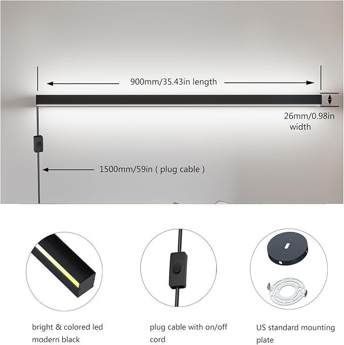 Modern LED Wall Light,RGBCW Wall Sconce Plug In or Hardwire Works with Alexa,Google Home,Remote & App,35.4In Long,Black Accent Wall Mount Lamp Dimmable for Living Room Bedroom Hallway,Music Sync,1pcs