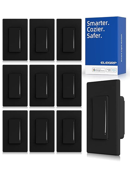 ELEGRP Smart Dimmer Light Switch DTR10, Single Pole Setup, 2.4GHz Wi-Fi Touch Dimmer Compatible with Alexa/Google Assistant, Needs Neutral Wire, No Hub Required, UL Listed, Matte Black, 10 Pack