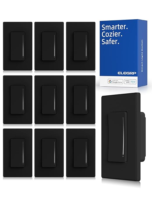 ELEGRP Smart Dimmer Light Switch DTR30, Single Pole or 3 Way, 2.4GHz Wi-Fi Touch Dimmer Compatible with Alexa/Google Assistant, Needs Neutral Wire, No Hub Required, UL Listed, Matte Black, 10 Pack