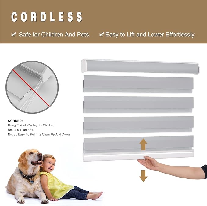Changshade Custom Size Zebra Blinds Cordless for Indoor Windows Sliding Glass Doors, Light Filtering Zebra Roller Shades Dual Layer Fabric Day Night Blind for Living Room,Bedroom,Bathroom,Nursey,Grey