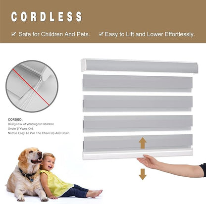 Changshade Custom Size Zebra Blinds Cordless for Indoor Windows Sliding Glass Doors, Light Filtering Zebra Roller Shades Dual Layer Fabric Day Night Blind for Living Room,Bedroom,Bathroom,Nursey,Grey