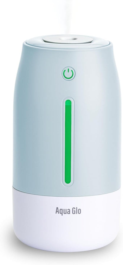 Aqua Glo Personal Humidifier – Ultrasonic Cool Mist, Rechargeable Battery for 15 Hours Use, 2-Cup Water Tank, Quiet Operation. Ideal for Travel, Office, Bedroom, Plants, and Home. Blue Mist