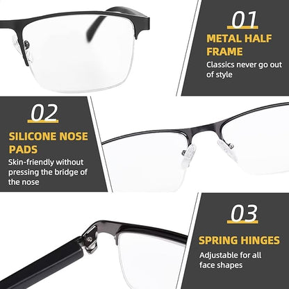 FONHCOO Reading Glasses for Women Men, Blue Light Blocking Reading Glasses Metal Half Frame Computer Readers Anti UV/Glare