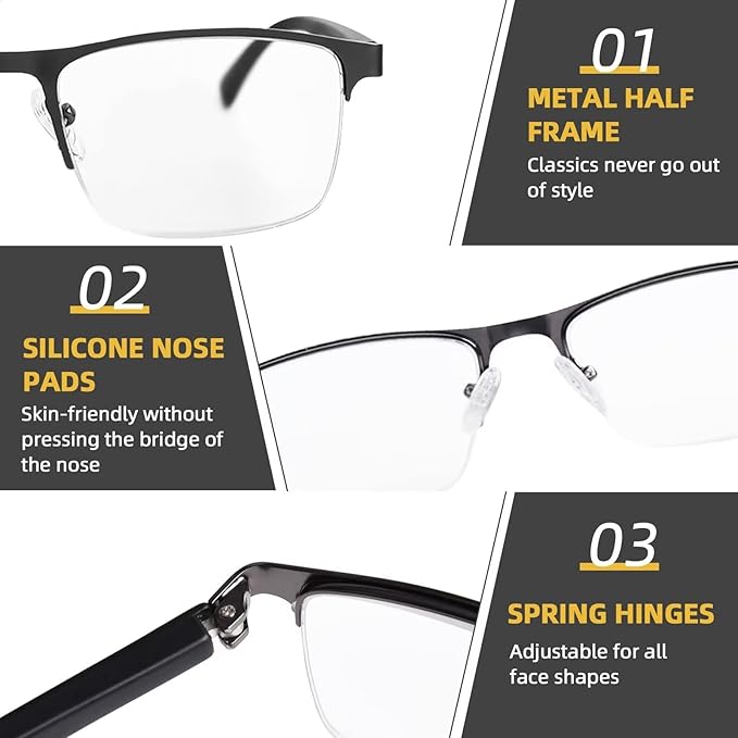 FONHCOO Reading Glasses for Women Men, Blue Light Blocking Reading Glasses Metal Half Frame Computer Readers Anti UV/Glare