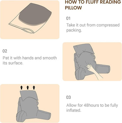 Portable Reading Pillows with Headrest for Bed Sitting Up(Light Grey Oeko-Tex), Velvet Back Pillow with Arms & Pockets for Adults, Support Memory Foam Bed Pillow for Dorm/Watching/Gaming