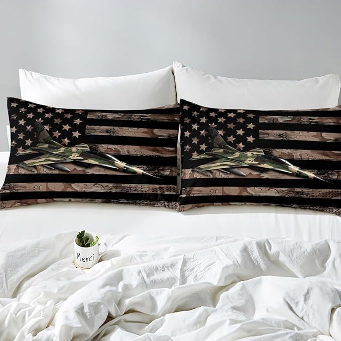 Manfei Airplane Sheet Set Queen Size, Army Camouflage Aircraft Bedding Set for Kids Boys Adults, Brown Camo American Flag Bed Sheet Set 4pcs with Deep Pocket Fitted Sheet + Flat Sheet + 2 Pillowcases