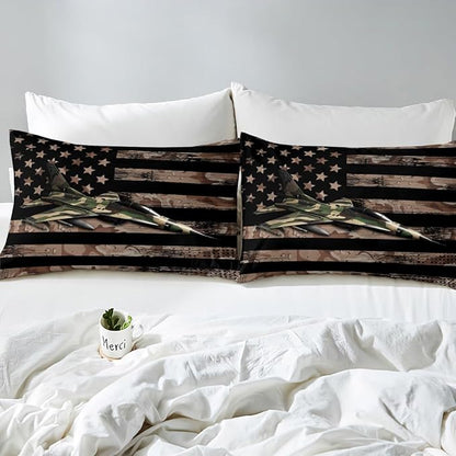 Manfei Airplane Sheet Set King Size, Army Camouflage Aircraft Bedding Set for Kids Boys Adults, Brown Camo American Flag Bed Sheet Set 4pcs with Deep Pocket Fitted Sheet + Flat Sheet + 2 Pillowcases
