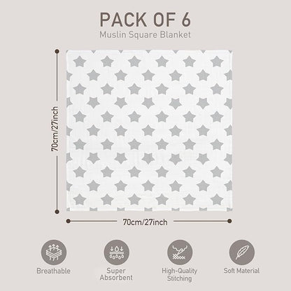 GLLQUEN BABY Receiving Blanket Boy Cotton Muslin Swaddle Blankets Girl Newborn Squares Breathable & Soft Thin Baby Blankets Cloths Double Absorbent Infant Swaddling Wrap - 6 Pack (Star)