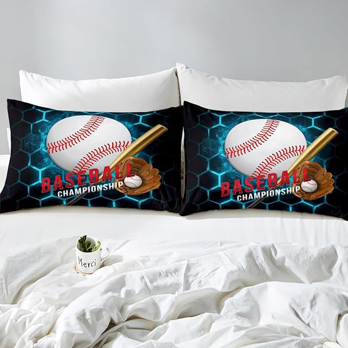 Manfei Baseball Sheet Set Queen Size, Sports Themed Bedding Set for Kids Boys Adults Room Decor, Blue Honeycomb Geometric Bed Sheet Set 4pcs with Deep Pocket Fitted Sheet + Flat Sheet + 2 Pillowcases