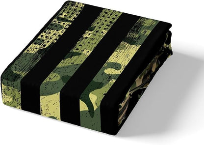 Manfei Aircraft Sheet Set King Size, Army Camouflage Airplane Bed Sheet Set 4pcs with Deep Pocket Fitted Sheet + Flat Sheet + 2 Pillowcases, Green Camo American Flag Bedding Set for Kids Boys Adults