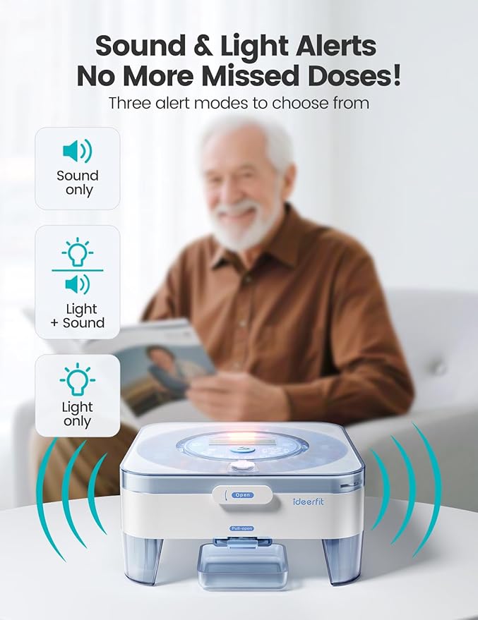 28-Day(1X) Automatic Pill Dispenser – One-Press Daily Dispense, Easy-to-Use Slide-Door Cup, Sound & Light Alerts, Moisture-Proof Dual Desiccants, Large Compartments for Tablets & Capsules
