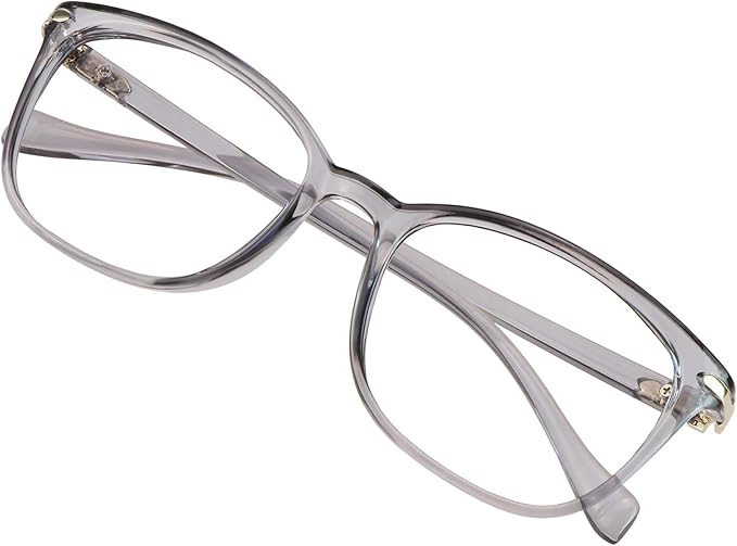 VisionGlobal Blue Light Blocking Glasses for Women/Men, Anti Eyestrain, Computer Reading, TV Glasses, Stylish Square Frame, Anti Glare(Clear Gray,+1.25 Magnification)