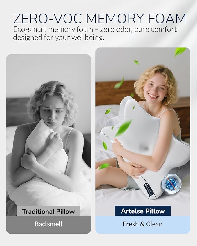 Cervical Neck Pillow for Side & Back Sleepers, Ergonomic Memory Foam Pillow for Sleep Apnea, Neck Pain Relief, Neck Support Pillow with Washable Pillowcase