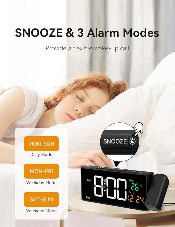 Netzu Projection Clock for Bedroom Ceiling, Alarm Clocks with 180° Rotatable Projector, Date Temperature and Weekday, Manual DST, 5 Brightness, 10 Ringtones, 4 Volumes and Snooze (Black)