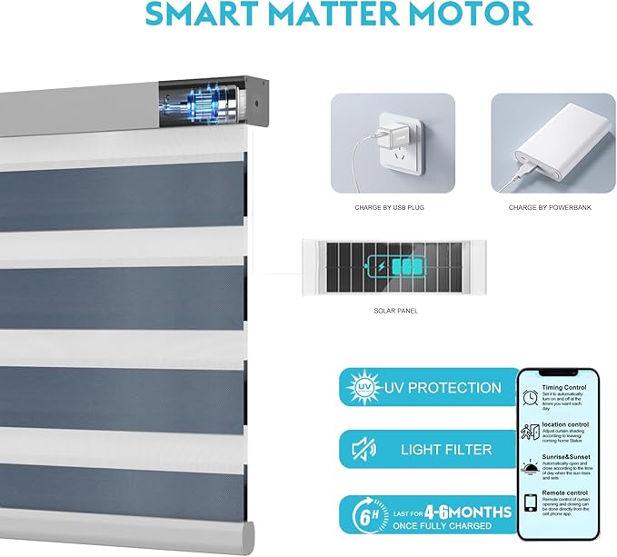 Motorized Zebra Blinds with Remote Smart Blind Work with Homekit Alexa SmartThings Electric Day and Night Shade Cordless Automatic Solar Powered Window Shade Customize(Pure Grey)