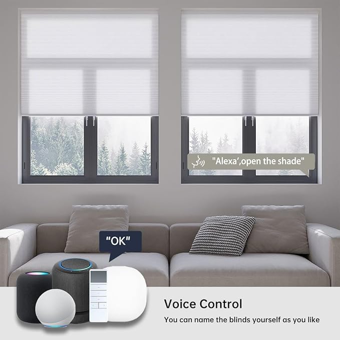 Motorized Cellular Shades with Remote, Light Filtering Smart Cellular Shades Compatible with Alexa, Honeycomb Window Blinds for Bedroom Home Office, Custom Size, Half Shading White