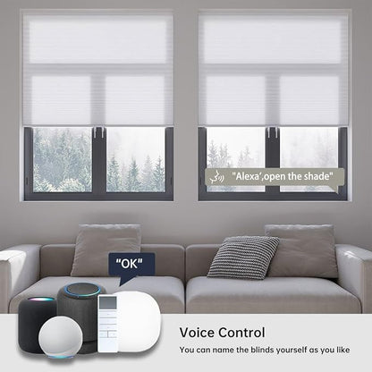 Motorized Cellular Shades with Remote, Light Filtering Smart Cellular Shades Compatible with Alexa, Honeycomb Window Blinds for Bedroom Home Office, Custom Size, Half Shading White