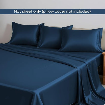 LINENWALAS Queen Size Flat Sheet Only - Rayon Derived from Bamboo Silk Bed Sheet, Premium Breathable Cooling Sheet, Soft Organic Top Bed Sheet (Queen, Navy Blue)
