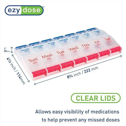 EZY DOSE Push Button (7-Day) Pill Case, Medicine Planner, Daily Vitamin Organizer, 2 Times a Day AM/PM, Large Compartments, Arthritis Friendly, Easy to Use, Clear Lids, Red/Blue, BPA Free