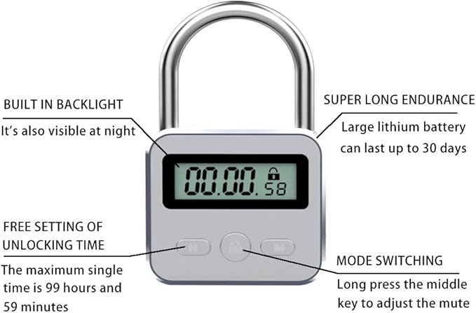 Metal Timer Lock, LCD Display Multi-Function Electronic Time, 99 Hours Max Timing, USB Rechargeable Timer Padlock(Silver)
