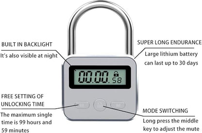 Metal Timer Lock, LCD Display Multi-Function Electronic Time, 99 Hours Max Timing, USB Rechargeable Timer Padlock(Silver)