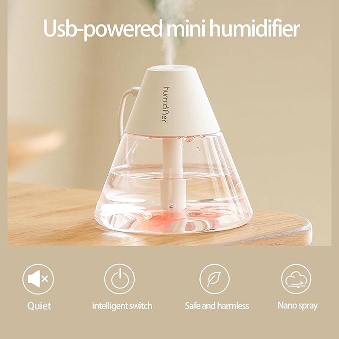 INVODA Mini Humidifiers, 260ml USB Personal Cool Mist Humidifier Cute Volcanoes Desktop Air Humidifier Quiet Night Light Small Humidifiers for Car, Office, Bedroom, Travel (White+6 Cotton Cores)