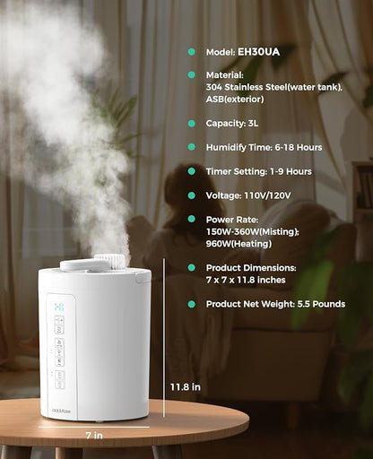 3L Stainless Steel Humidifier for Bedroom, Warm Mist Humidifiers Easy Clean, Steam Humidifier for Living Room, Whisper-Quiet and Filterless, with Sleep Mode and Timer, Auto-off Setting