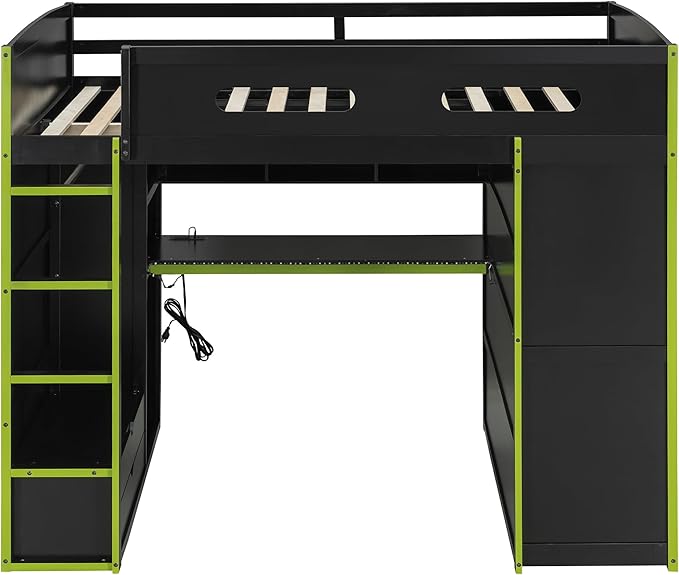 GOWE Full Size Wood Loft Bed with Desk,Wardrobe,Ample Storage Space,and RGB Light, Green(Old SKU:LT000261AAG)