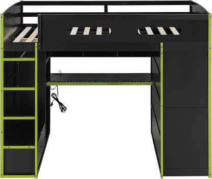 GOWE Full Size Wood Loft Bed with Desk,Wardrobe,Ample Storage Space,and RGB Light, Green(Old SKU:LT000261AAG)