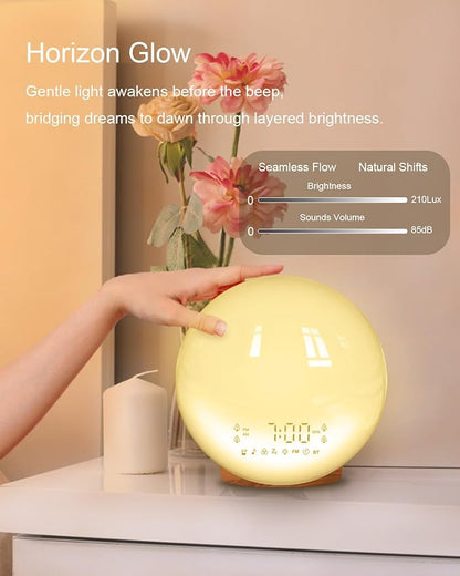 Smart Sunrise Alarm Clock with No Signup APP Control & Wake-Up Light, 4 Alarms, White Noise, FM Radio, Wireless Speaker, Wood Grain
