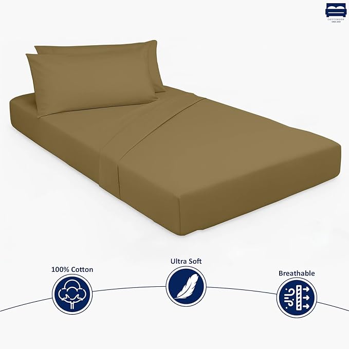 Cottingon 33"x75" Cot Sheet and Pillow Case 4 Piece Set, 100% Egyptain Cotton Soft Bedding Perfect for Rollaway, Folding, Guest Bed Frame, Fits Upto 7" Deep Mattress, Taupe Solid