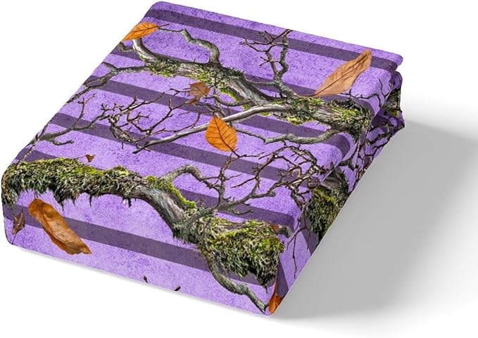 Tree Branches Kids Fitted Sheet Queen Size,Botanical Leaves Rustic Nature Bedding Set,Boys Girls Room Decor,Jungle Hunting Cabin Adventure Bed Cover,Purple Bed Sheet,2 Pillowcases(No Top Sheet)