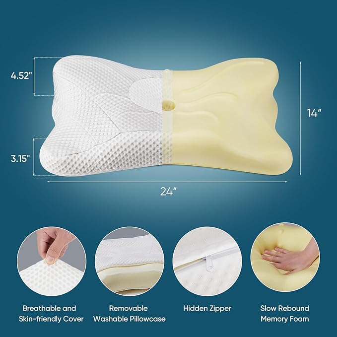 Sweetcrispy Cervical Pillow for Neck and Shoulder - 2 Pack Ergonomic Memory Foam Pillows, Contour Side Sleeper for Adults, Cooling Orthopedic Neck Support for Back Stomach Sleepers, White