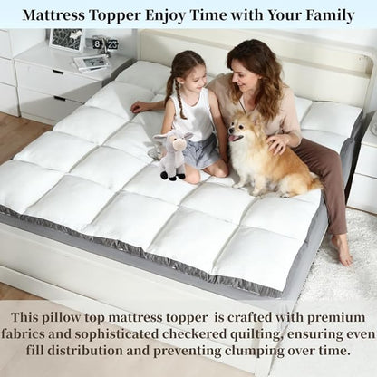 King Mattress Topper - Pillow Top Mattress Topper King, Soft Fluffy Mattress Pad for Back Pain, Extra Thick Supportive Mattress Pad, White，Oeko-TEX Certified - 2000GSM