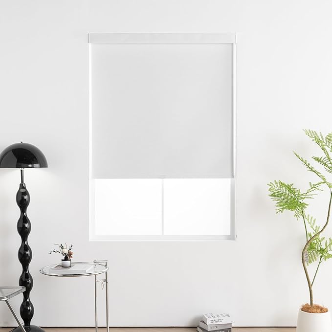 Cordless Blackout Roller Shades for Windows, Linen Texture Blinds with Valance, Pull Down Room Darkening Thermal Insulated UV Protection Shades for Home and Office (White, Custom Size)