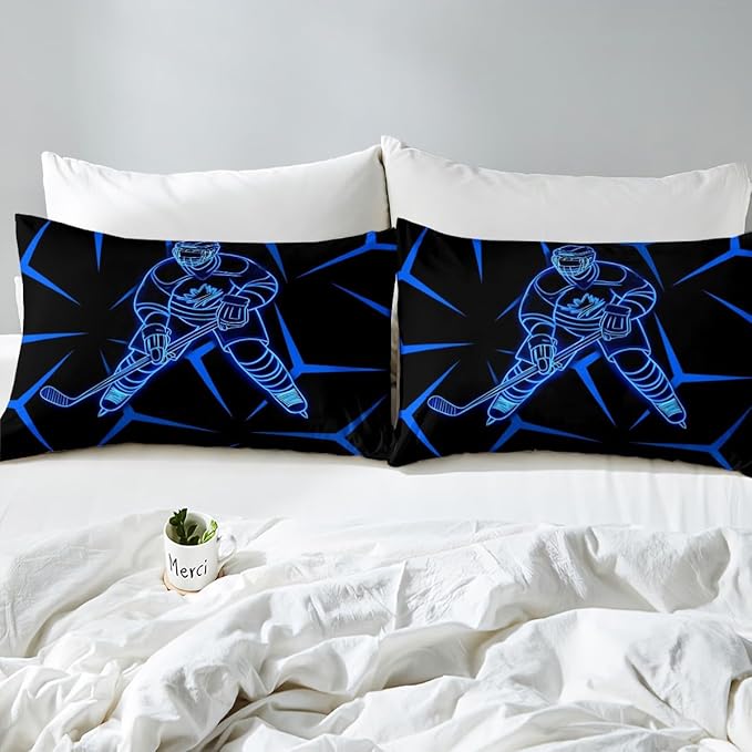 Manfei Ice Hockey Player Kids Sheet Full Size,Geometric Triangles Lines Bedding Set,Boys Girls Room Decor,Winter Competition Sports Games Blue Black Bed Sheet Set 4pcs(Fitted + Flat + 2 Pillowcases)