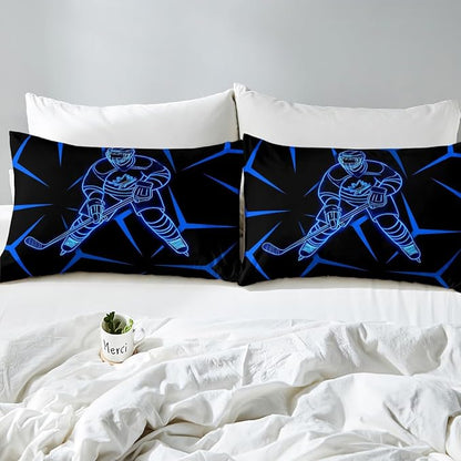 Manfei Ice Hockey Player Kids Sheet Full Size,Geometric Triangles Lines Bedding Set,Boys Girls Room Decor,Winter Competition Sports Games Blue Black Bed Sheet Set 4pcs(Fitted + Flat + 2 Pillowcases)