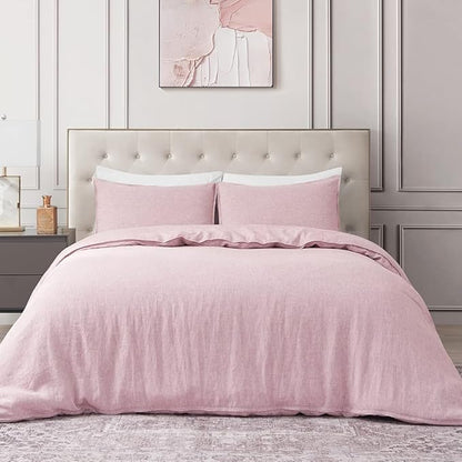 DAPU Pure Linen Duvet Cover Set, 100% Yarn-Dyed French Linen, Breathable and Durable for Hot Sleepers, 1 Duvet Cover and 2 Pillowcases (Smokey Pink, King)